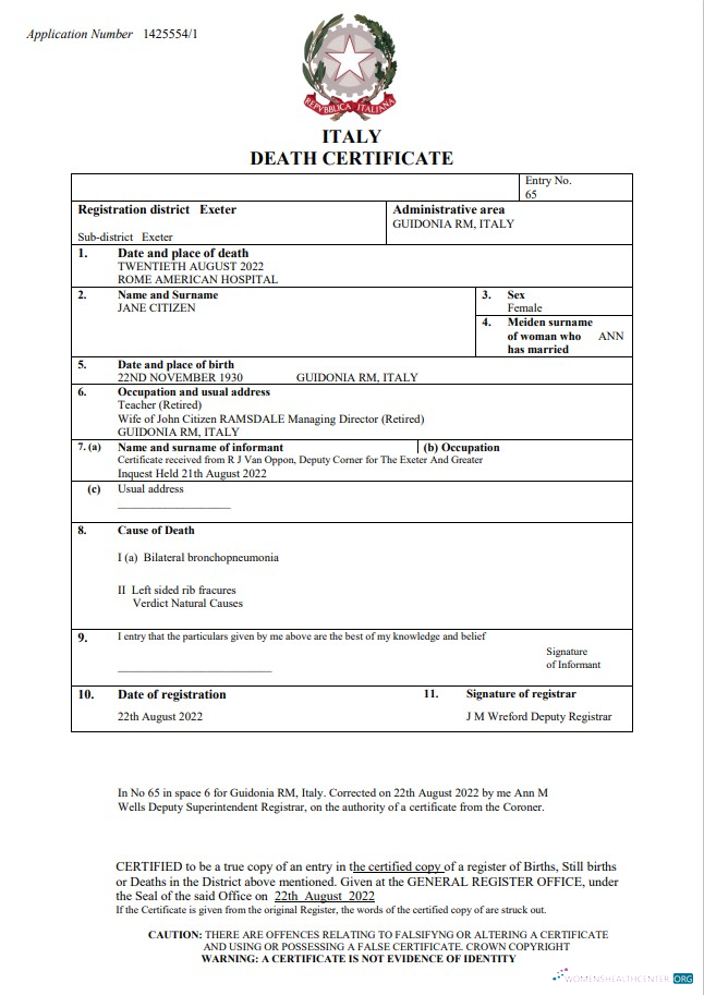 Download Italy vital record death certificate Word and PDF template Photoshop template